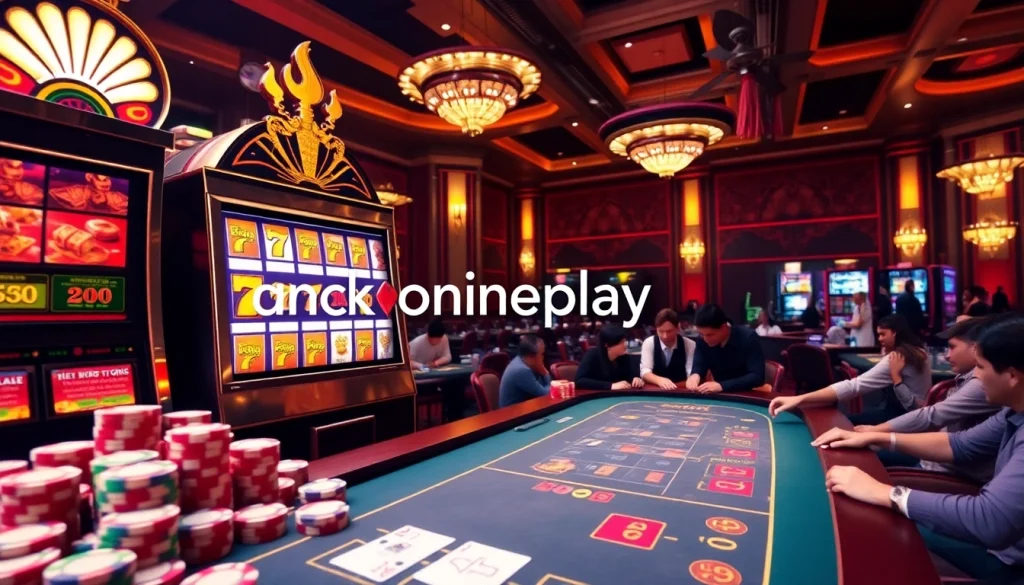 Experience the excitement of onicplay with vibrant slot machines and poker chips in a luxury casino setting.