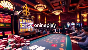 Experience the excitement of onicplay with vibrant slot machines and poker chips in a luxury casino setting.