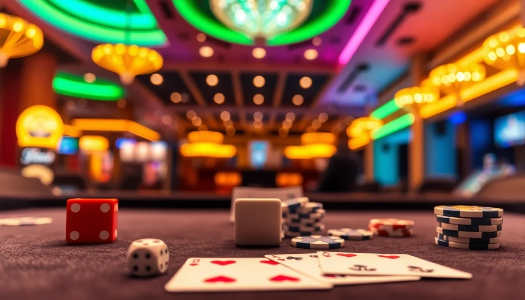 ยูฟ่า169 ฝ่ายคาสิโนที่เต็มไปด้วยลูกเต๋า ไพ่ และชิปบนโต๊ะที่มีแสงนีออนส่องสว่าง