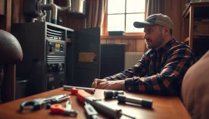 Skilled technician conducting heating repair pawling in a cozy home setting.