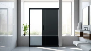 Stylish black shower sliding door enhancing a modern bathroom's aesthetic.