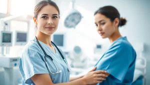 Nurse wearing verpleegkundige katoen stof in a modern hospital attending to a patient.