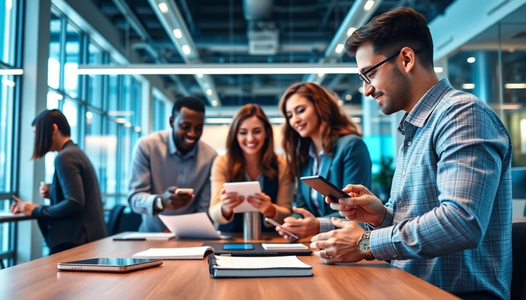 모바일쿠폰을 사용하여 팀이 협업하고 있는 모습