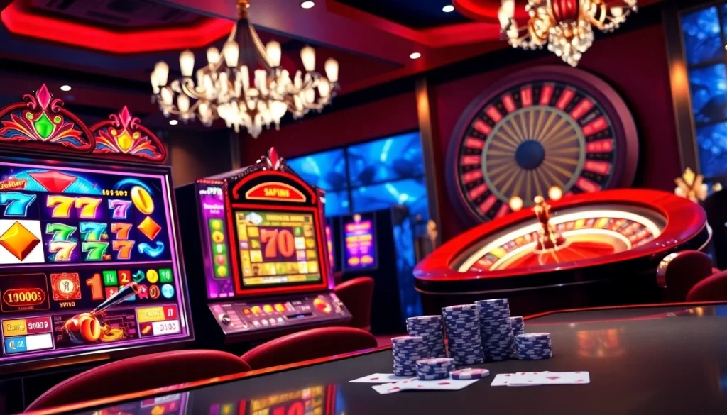 Experience the thrill of slot depo 5k at a vibrant casino with spinning slot machines and poker tables.