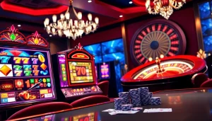 Experience the thrill of slot depo 5k at a vibrant casino with spinning slot machines and poker tables.
