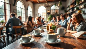 Association coffee shop Madrid filled with people enjoying coffee in a cozy atmosphere.