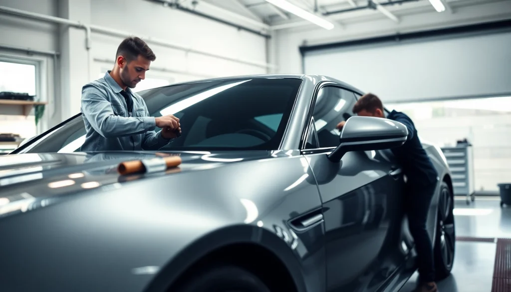 Apply auto window tint near me on a luxury car in a professional garage setting.