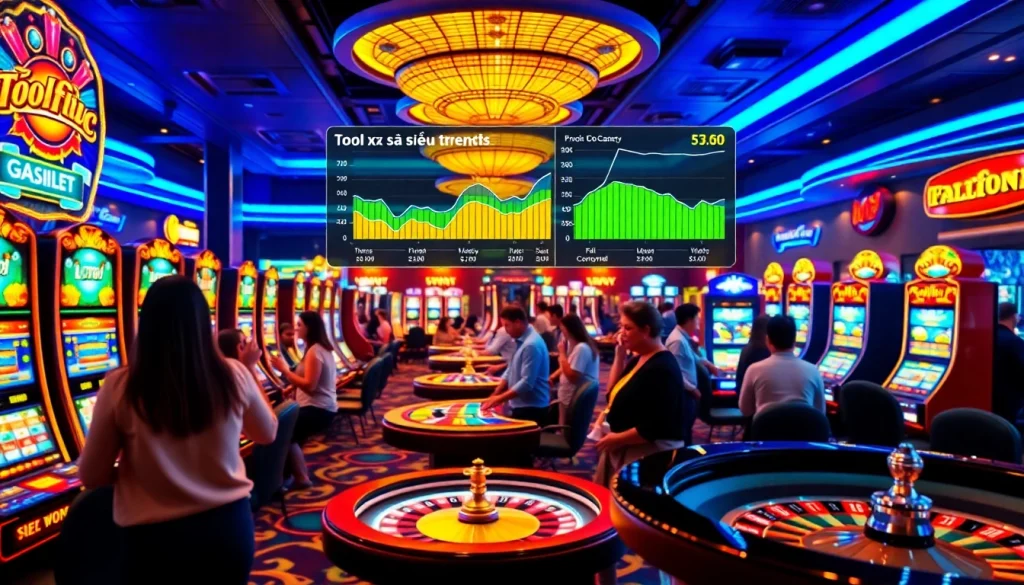 Engaging graphic showcasing gamblers using Tool xổ số siêu tốc at a vibrant casino with colorful lottery displays.