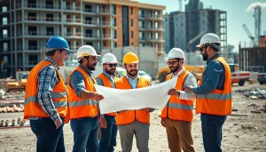 Construction association Denver collaborating on-site with professionals discussing plans around blueprints.