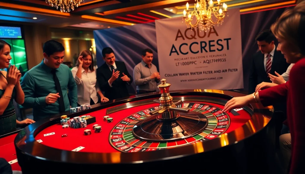 Engaging casino scene with a roulette table and AQUA CREST LT1000PC ADQ747935 Refrigerator Water Filter and Air Filter branding.