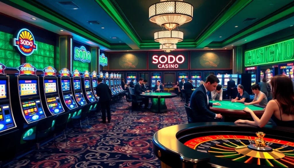 SODO CASINO featuring vibrant gambling atmosphere with luxurious tables and slot machines.