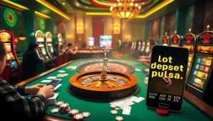 Para pemain yang antusias menikmati permainan slot deposit pulsa dalam suasana kasino yang hidup dengan roulette dan mesin slot.