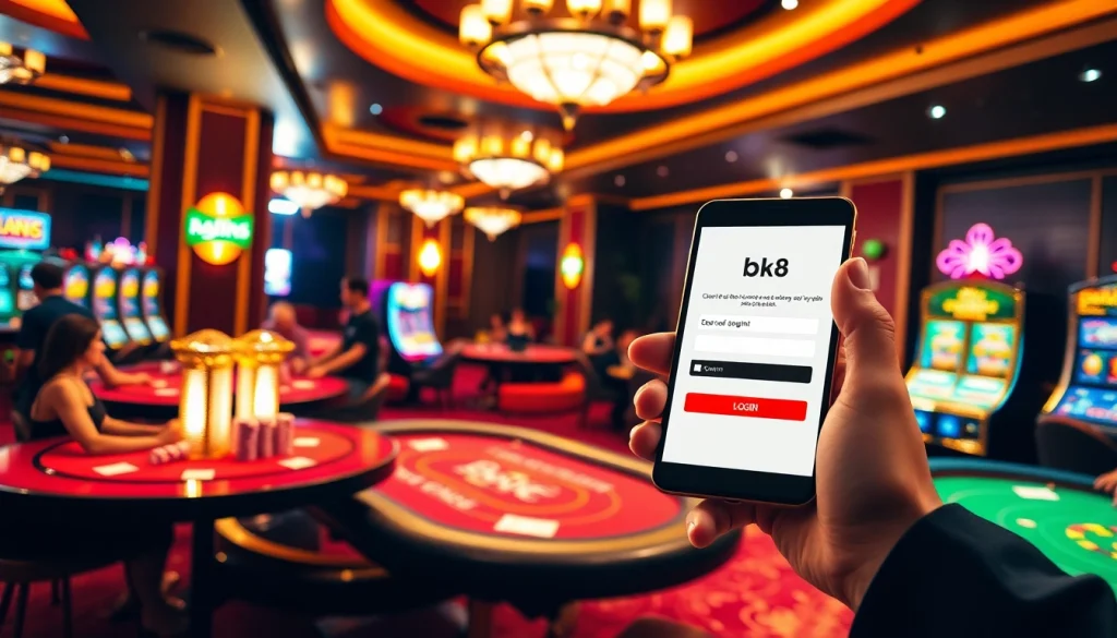 Engaged player accessing bk8 login at a luxurious casino with vibrant tables.