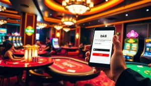 Engaged player accessing bk8 login at a luxurious casino with vibrant tables.