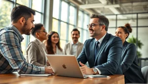 Showcasing founder leadership insights through a vibrant team discussion in a modern office.