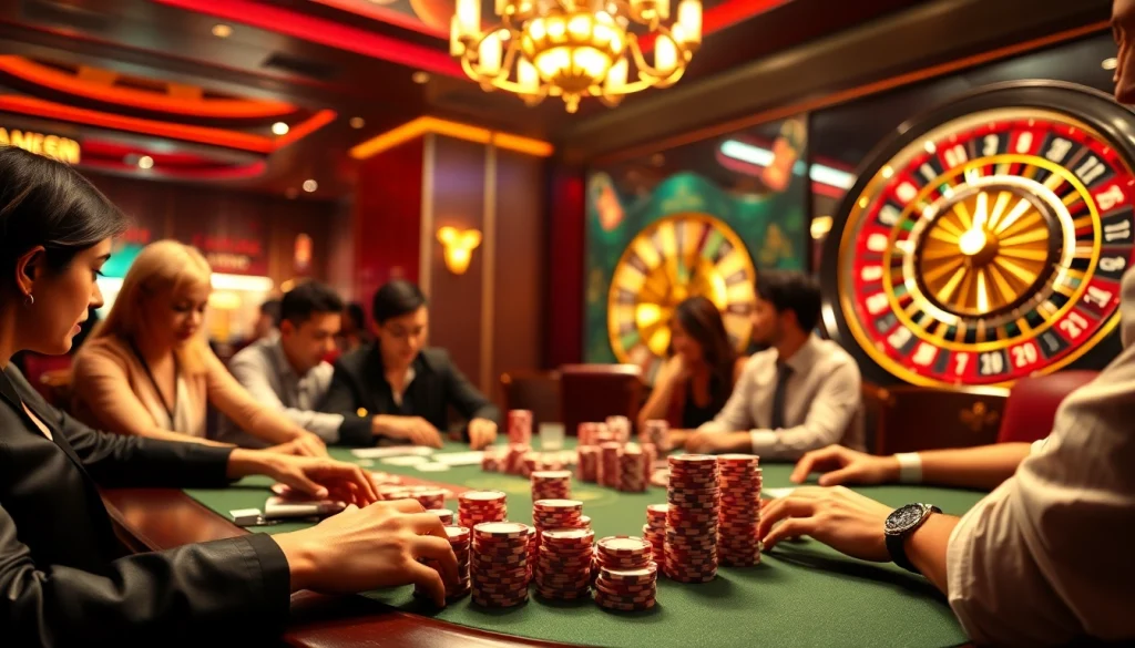 Engaging poker game scene showcasing kjc mm88 excitement with stacked chips and vibrant roulette.