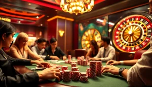 Engaging poker game scene showcasing kjc mm88 excitement with stacked chips and vibrant roulette.