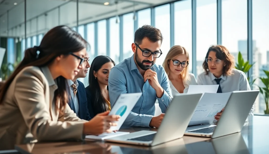 Conduct detailed Competitor Research with business team analyzing strategies and data in a modern office.