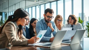 Conduct detailed Competitor Research with business team analyzing strategies and data in a modern office.