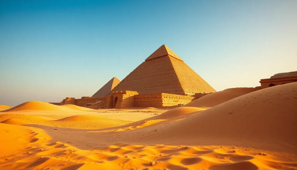 Pyraminds standing majestically against a desert backdrop, showcasing ancient architecture.