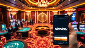 Experience the luxury of https://okwin68.net/ at a vibrant casino with gaming tables and slot machines.