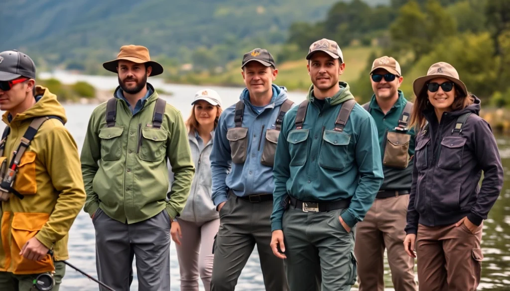Showcasing stylish fly fishing apparel in a natural setting along a tranquil river.