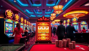 Adegan menarik pemain slot pulsa deposit di mesin kasino berwarna-warni yang menonjolkan kegembiraan dan profesionalisme.