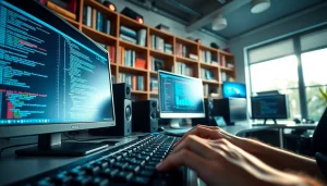 zirvegrupbilgisayar ile modern bilgisayar çalışma alanı, teknolojik cihazlar ve vurgulu ekranlar.