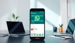 GB WhatsApp displayed on a smartphone within a modern workspace highlighting its unique features and customization options.