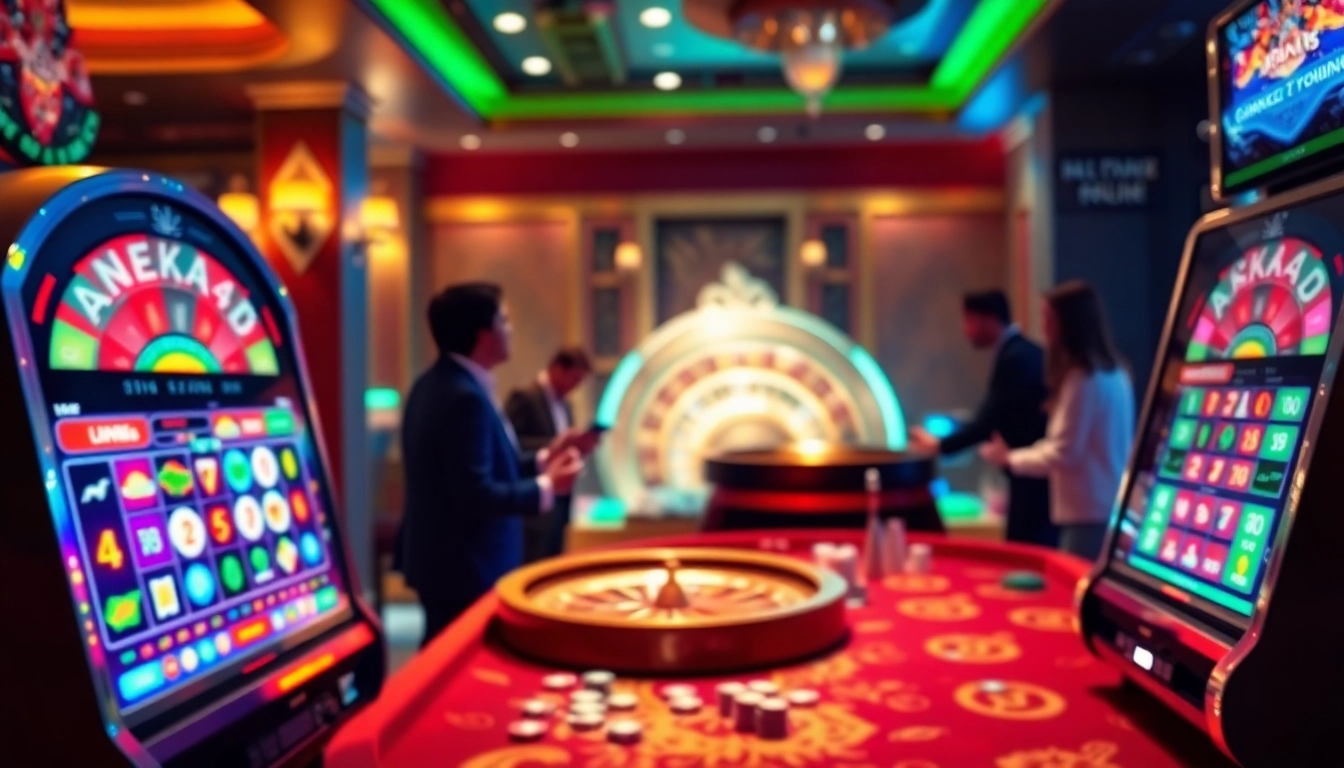 Adegan mendebarkan yang menampilkan pemain terlibat dengan permainan slot online ANEKA4D dan meja kasino.