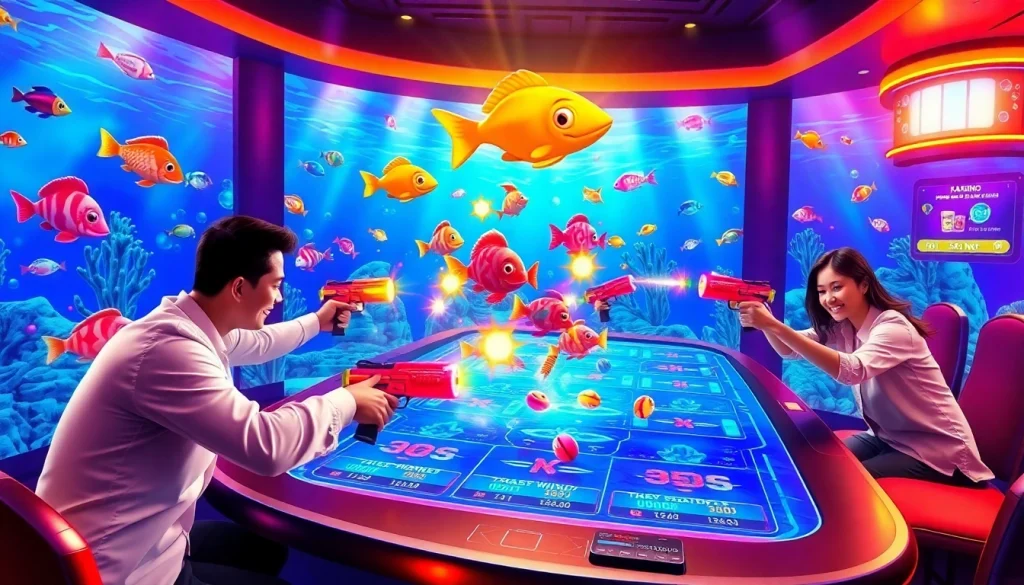 Players engaging in bắn cá đổi thưởng, aiming at colorful animated fish for real rewards.