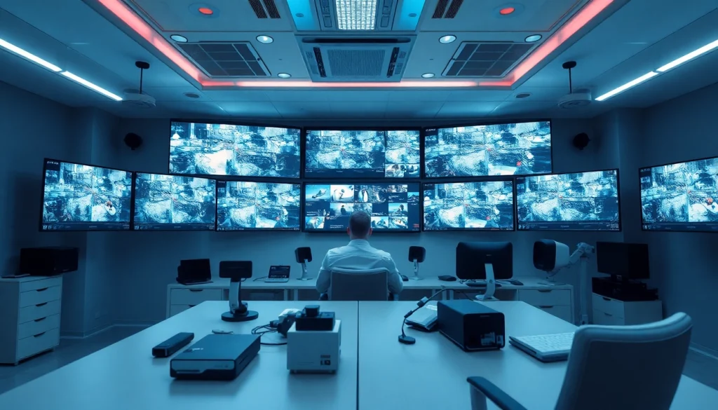 Alarmas de seguridad innovadoras en una sala de monitoreo de alta tecnología con transmisiones en vivo y un técnico experto.