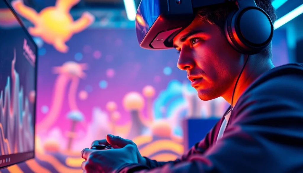 Grający w gry komputerowe z intensywnym wyrazem skupienia.