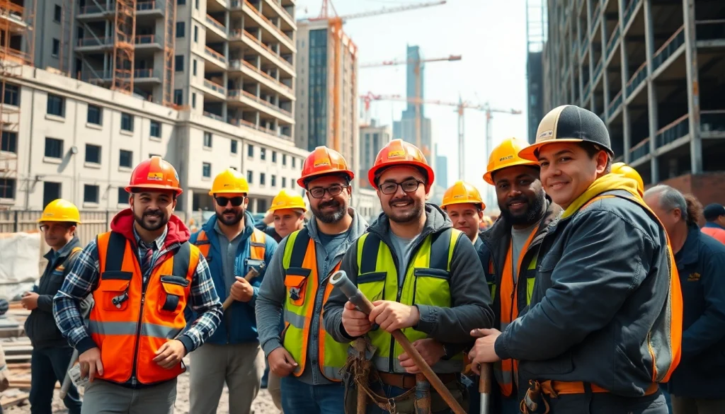 Construction apprenticeship team collaborating on a busy site with tools and materials.