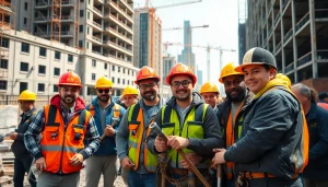Construction apprenticeship team collaborating on a busy site with tools and materials.