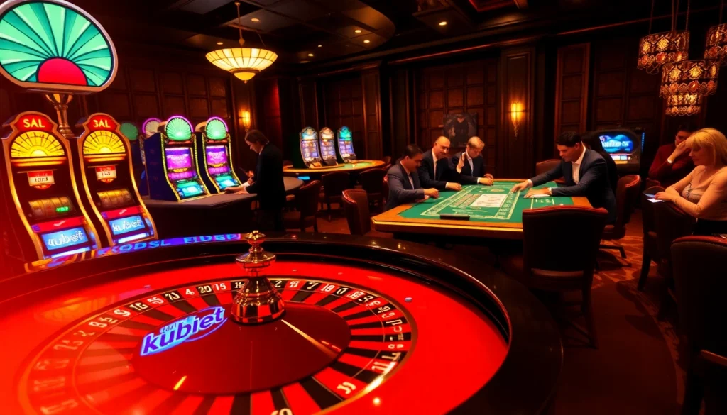 Kubet players excitedly engaging at a roulette table in a luxurious casino setting.