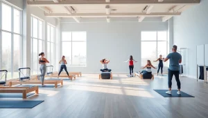 自然光が差し込む静かなスタジオで、多様な参加者と熟練インストラクターが指導する、魅力的なピラティスクラス。