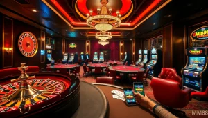 Engage with MM88's thrilling casino experience featuring poker tables and roulette wheels.