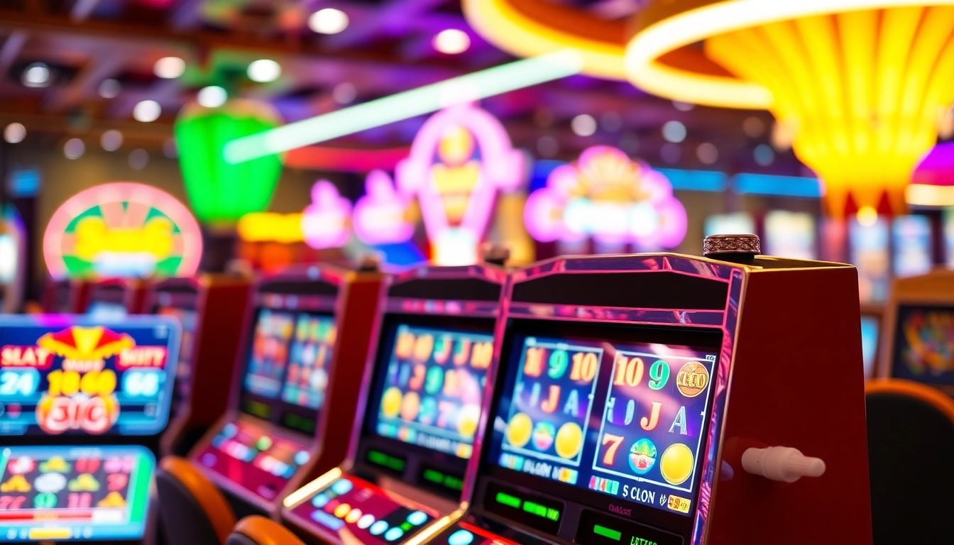 Menampilkan permainan slot88 yang menarik dengan mesin slot berwarna-warni di kasino.