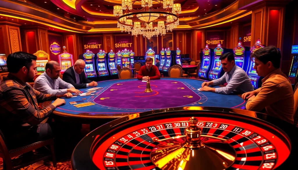Experience excitement at SHBET's vibrant casino scene with poker and roulette tables.