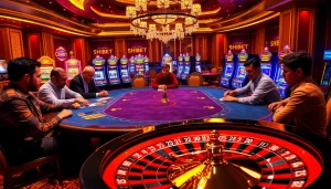 Experience excitement at SHBET's vibrant casino scene with poker and roulette tables.