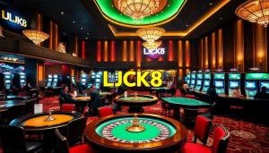 Experience the excitement of LUCK8 casino with vibrant gaming tables and luxury ambiance.