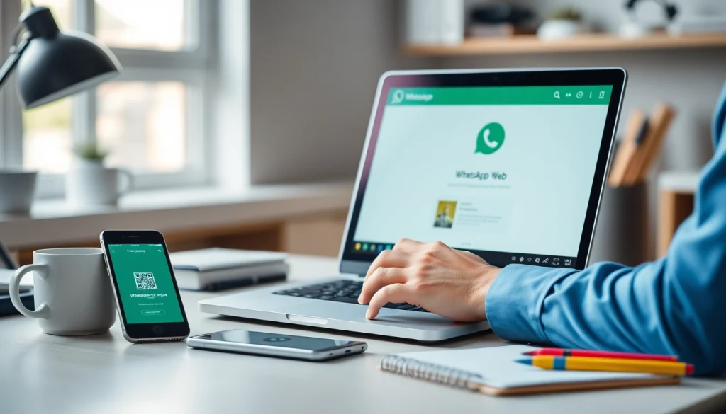 WhatsApp Web displayed on a laptop alongside a smartphone in a modern workspace.