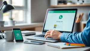 WhatsApp Web displayed on a laptop alongside a smartphone in a modern workspace.