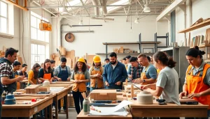 Engaged trainees in construction craft training utilizing hands-on techniques in a vibrant workshop.