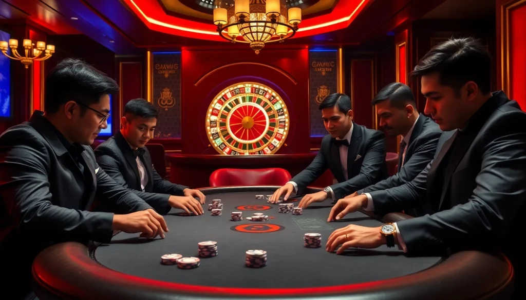 Players strategizing their bets at Hay88 poker table in a luxurious casino setting.