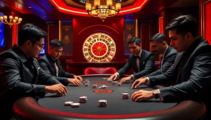 Players strategizing their bets at Hay88 poker table in a luxurious casino setting.