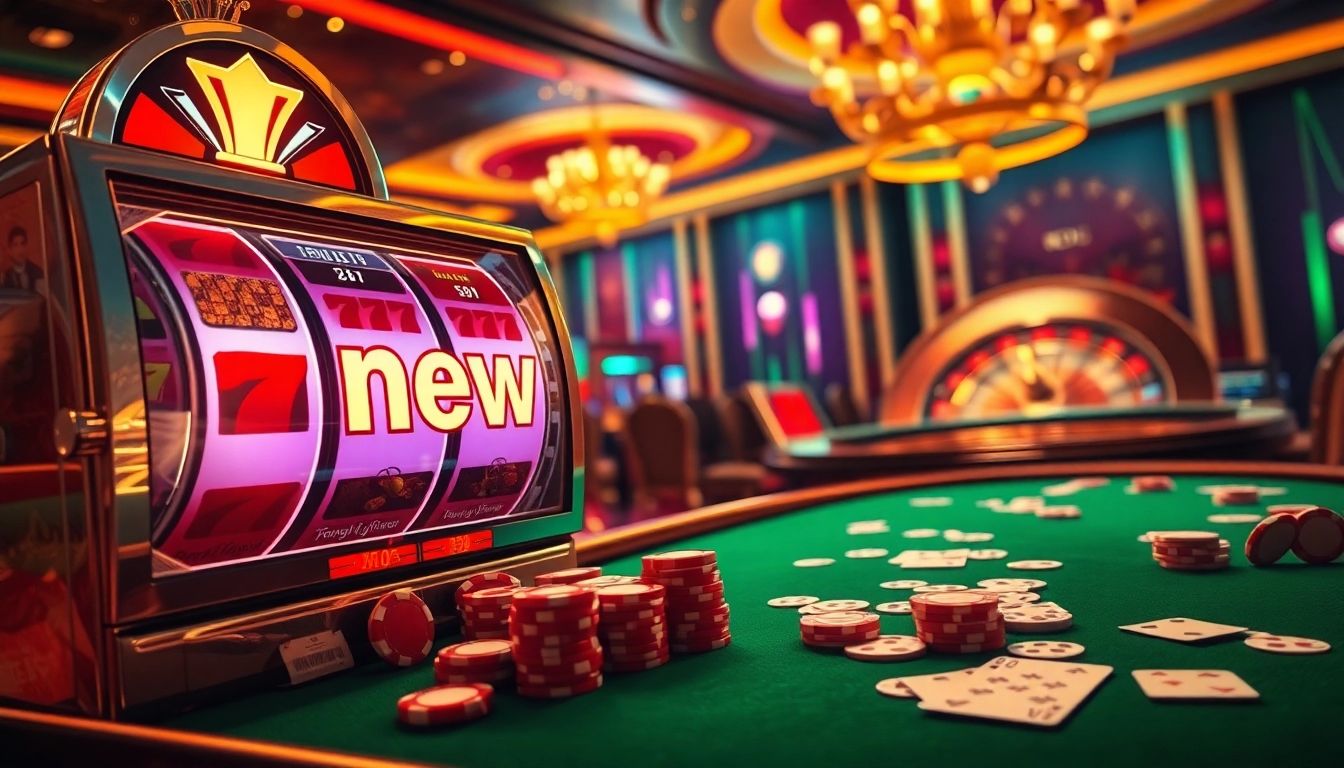 Experience the excitement of new77 slots in a vibrant casino filled with colorful games and poker chips.