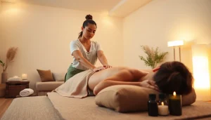 수원출장마사지 전문가가 평온한 가정 환경에서 미소 짓는 태국 치료사가 이완을 제공하는 모습.