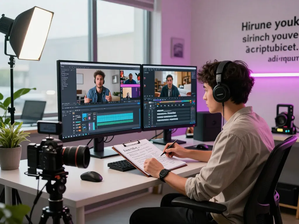 Video to prompt AI tool in a modern video production studio with creator refining generated prompts.